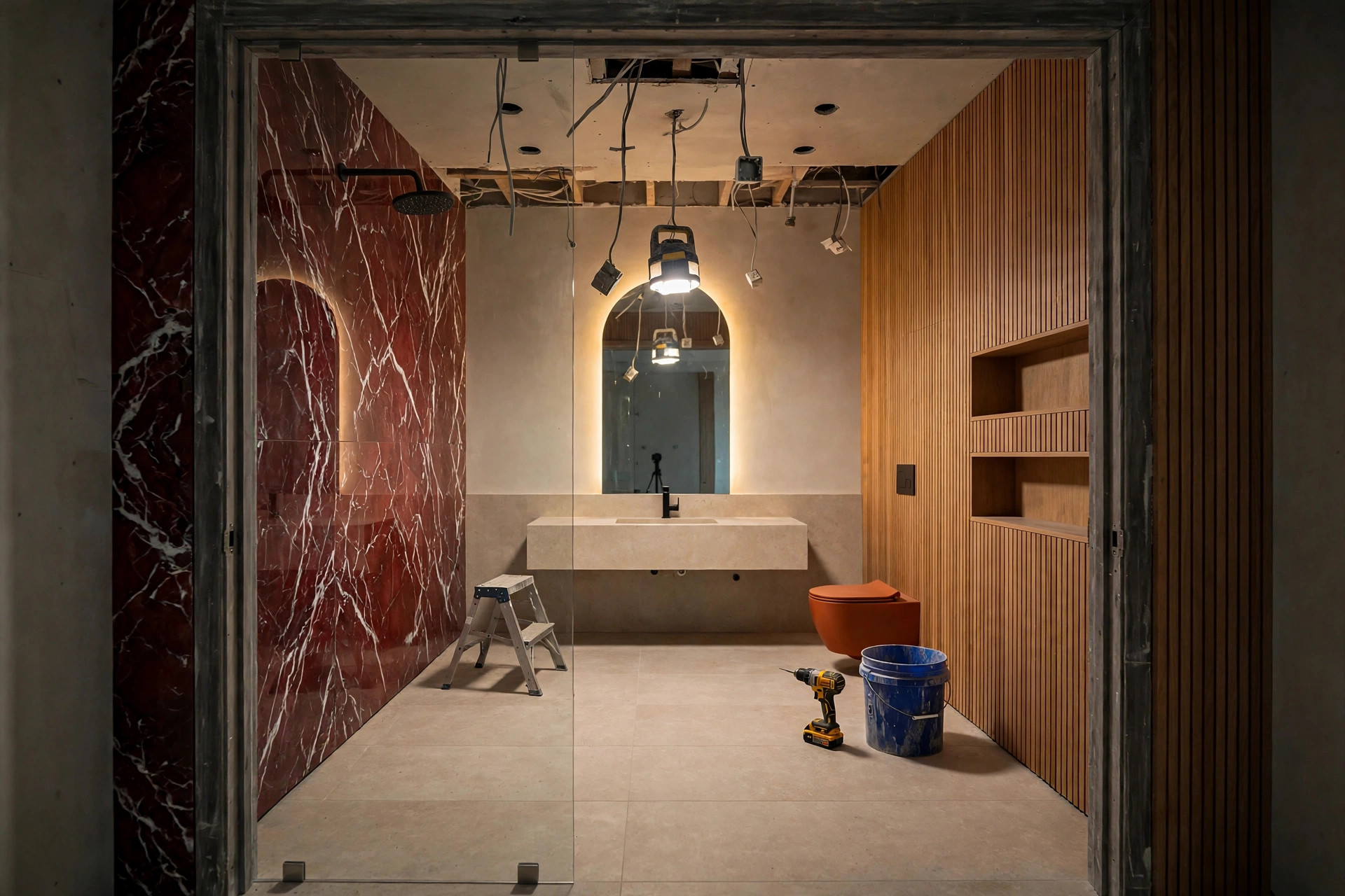 Bathroom mid-build with oak panelling and stone vanity